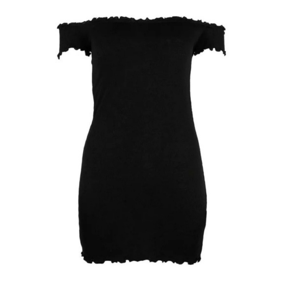 Black Ribbed Off Shoulder Bodycon Mini Dress - Picture 4 of 7